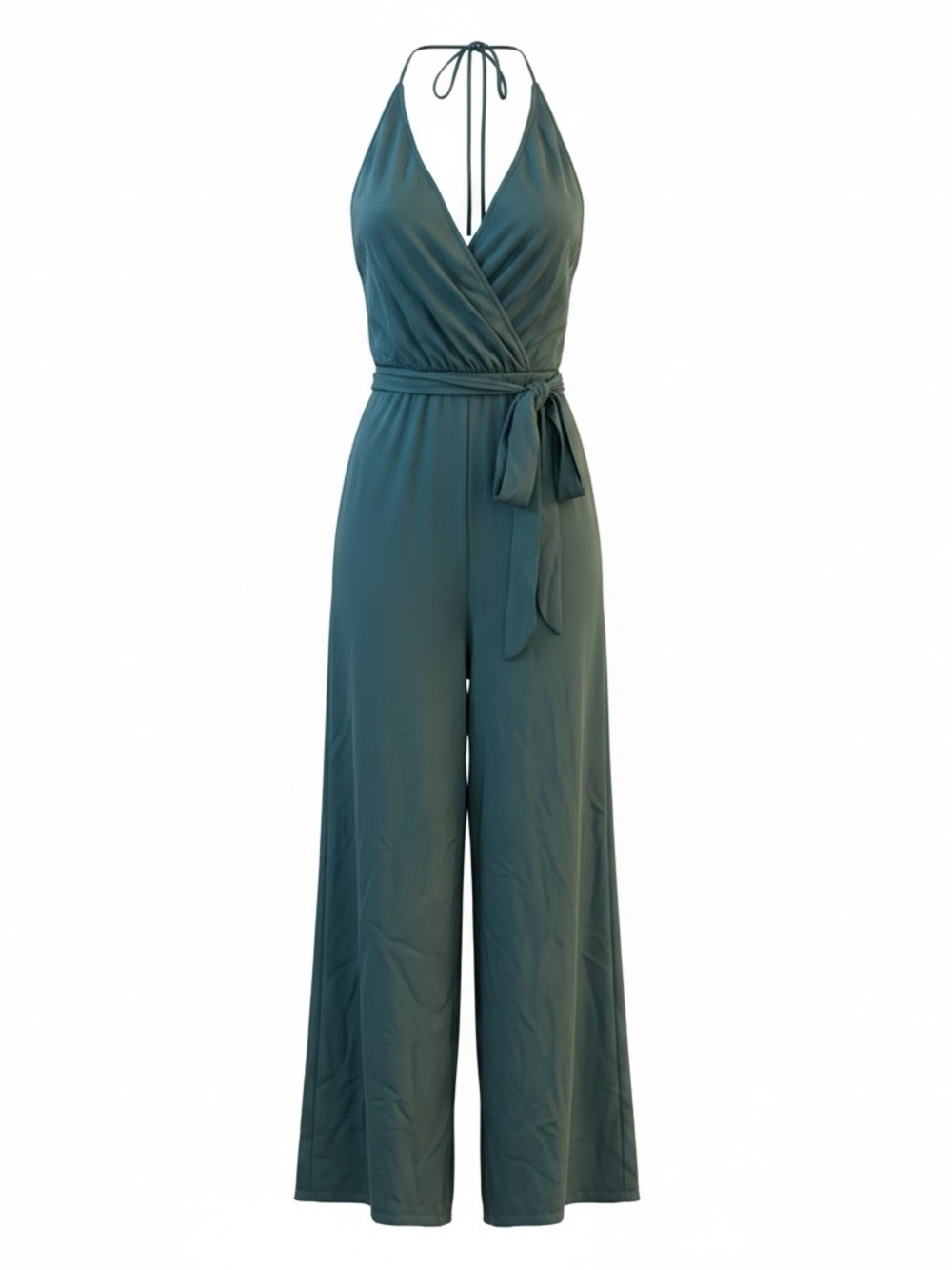 Tie-Waist Halter Jumpsuit in Teal Silk